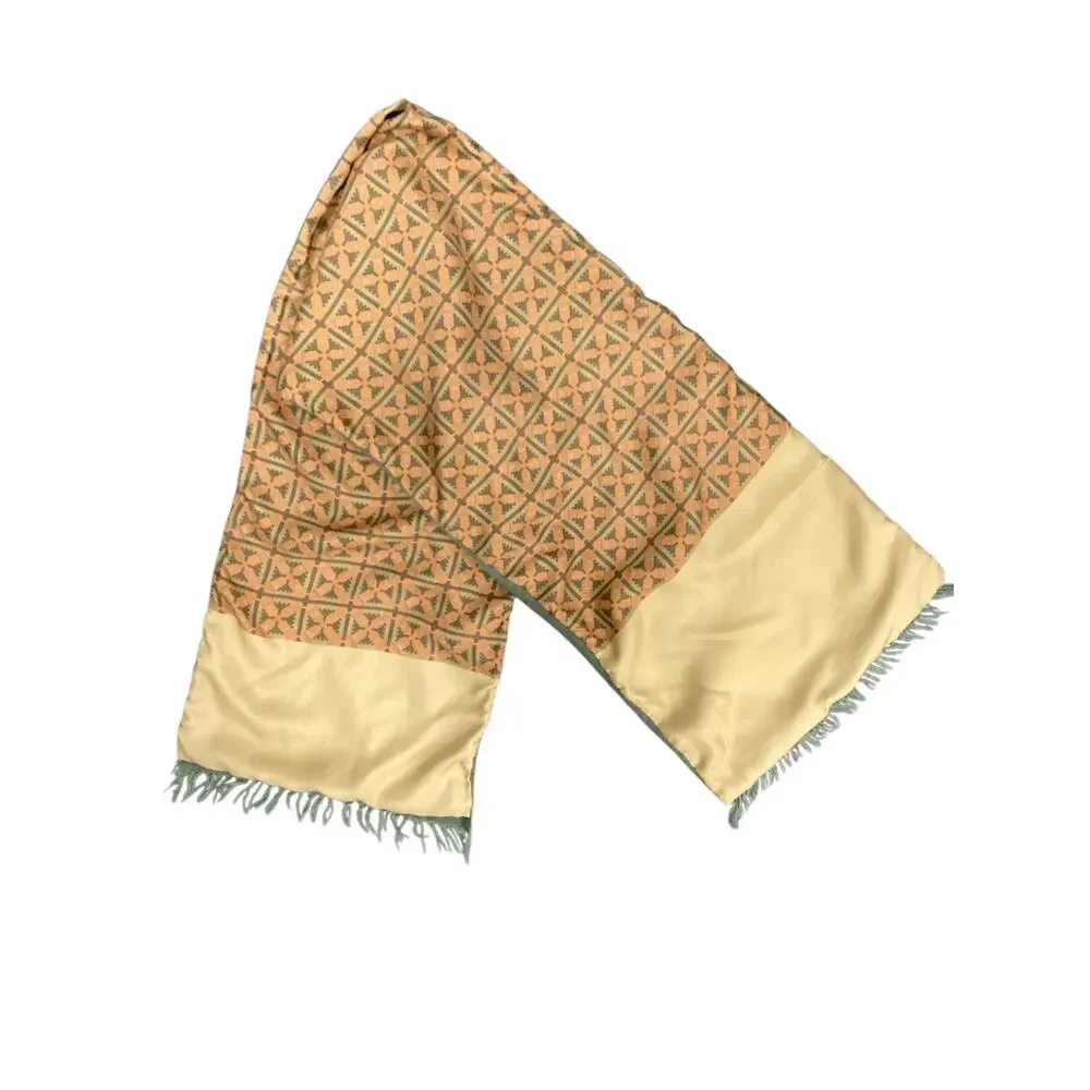 VTG Hermes Scarf Unisex 1Size Rectangle 100%Silk & Cashmere Fringes Green &Brown